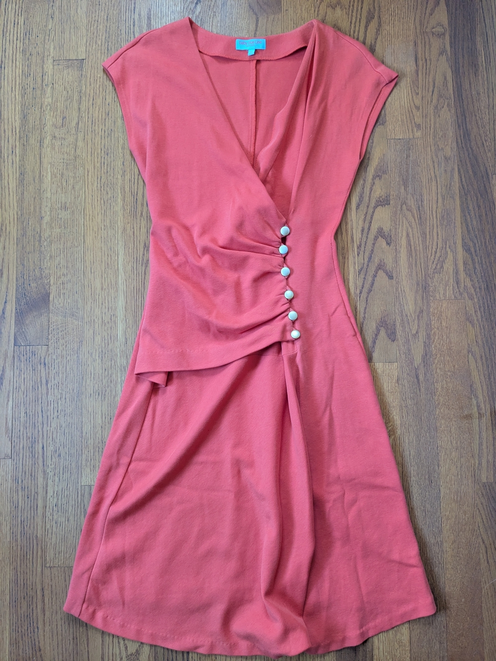 Orange Coral Faux-Wrap Maternity Mid Length Dress with Button Accent